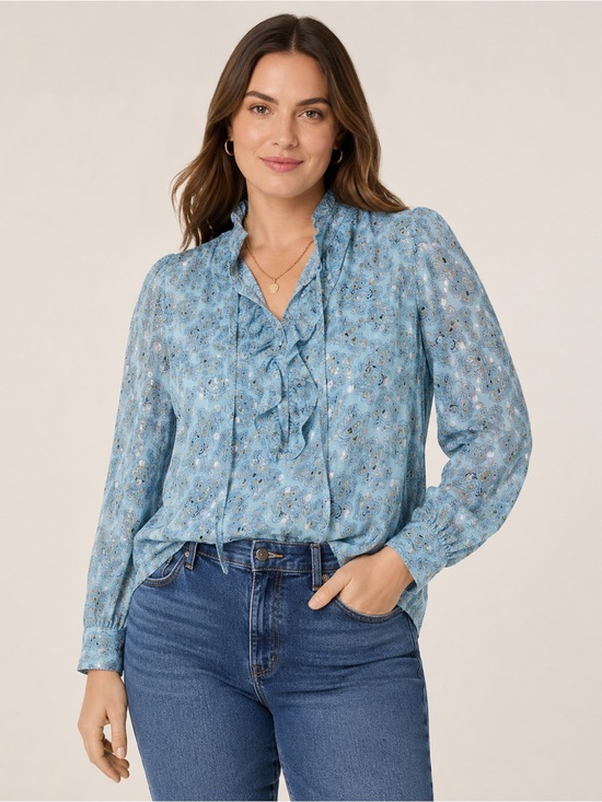 J. Crew Tops - J.Crew XXL Metallic Chiffon Paisley Top Ruffle Neck Sheer Boho Blouse